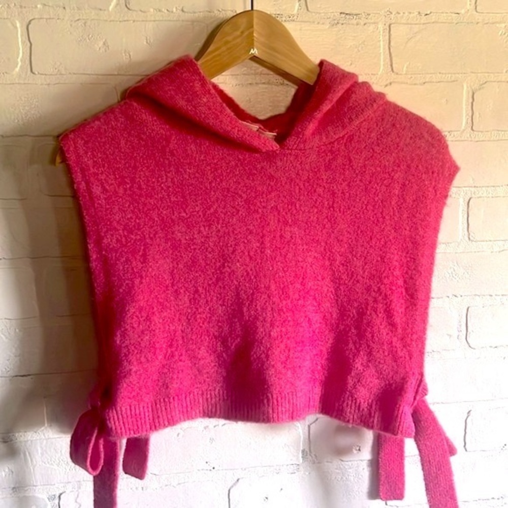 Anthropologie Maeve Pink Tie Side hooded Sweater bib Top One Size NWT